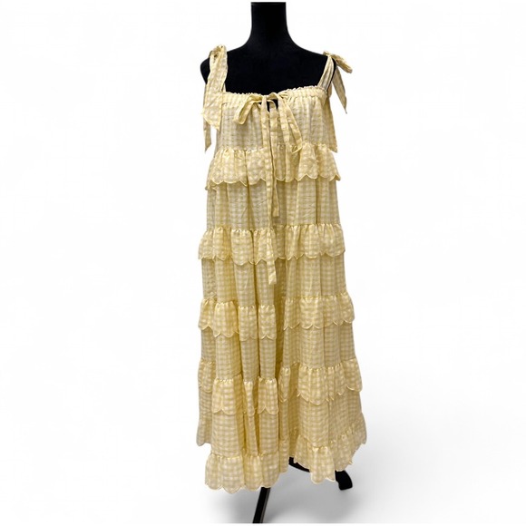 Mable Mellow Yellow Tiered Gingham Maxi Dress Scalloped Cottage Feminine Small - Picture 2 of 6